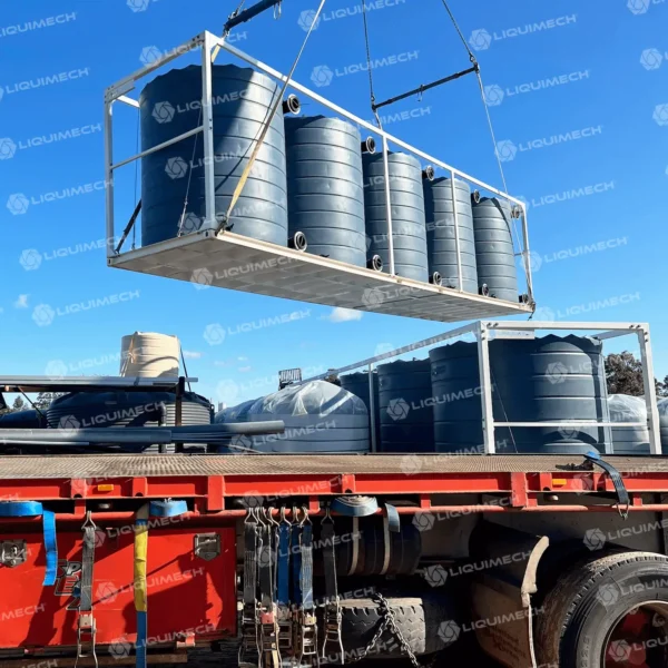 Liquimech modular portable potable water storage tank with forklift pockets for easy site transport