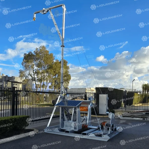 Liquimech mounted overhead spray nozzles controlling airborne dust with solar power