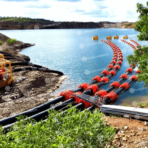 Liquimech pipefloats in action supporting HDPE pipeline during dredging operation.