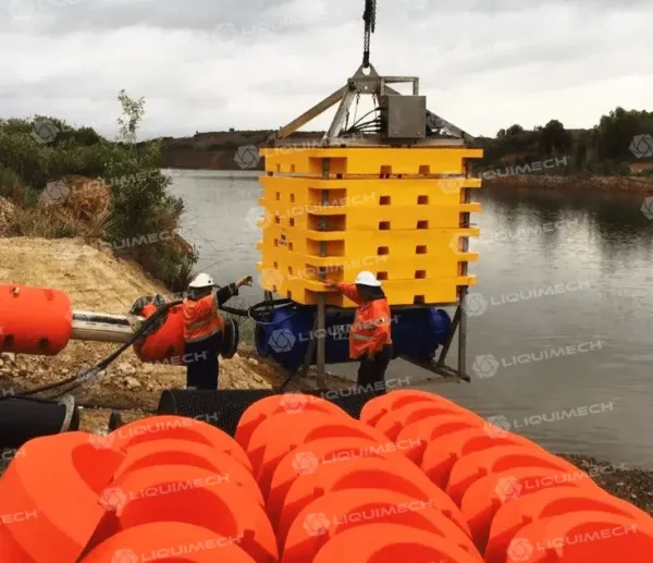 Liquimech pipefloats installation on an HDPE pipeline, demonstrating secure and efficient buoyancy support.