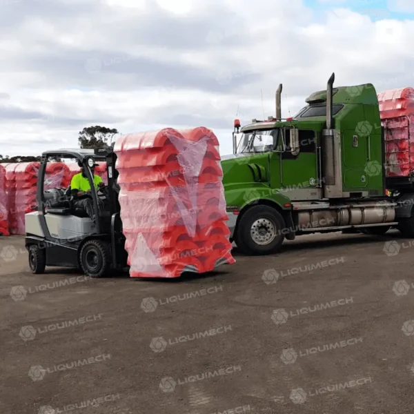 Liquimech pipefloats stacked for transport prior to offshore deployment.