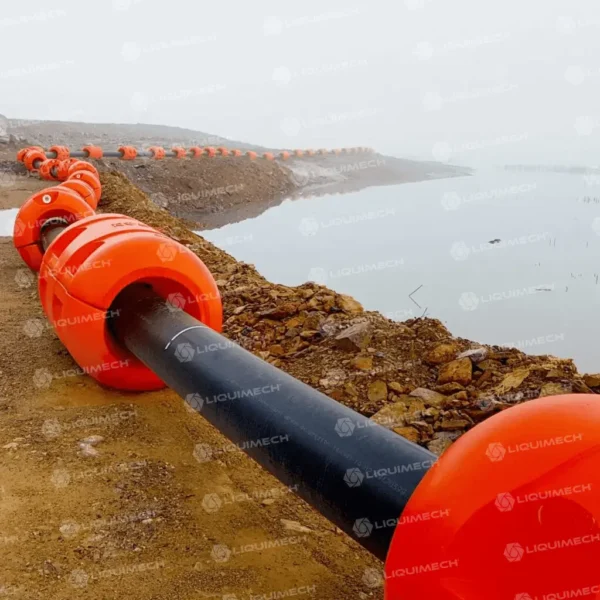 Liquimech pipefloats used for supporting pipelines across water bodies.