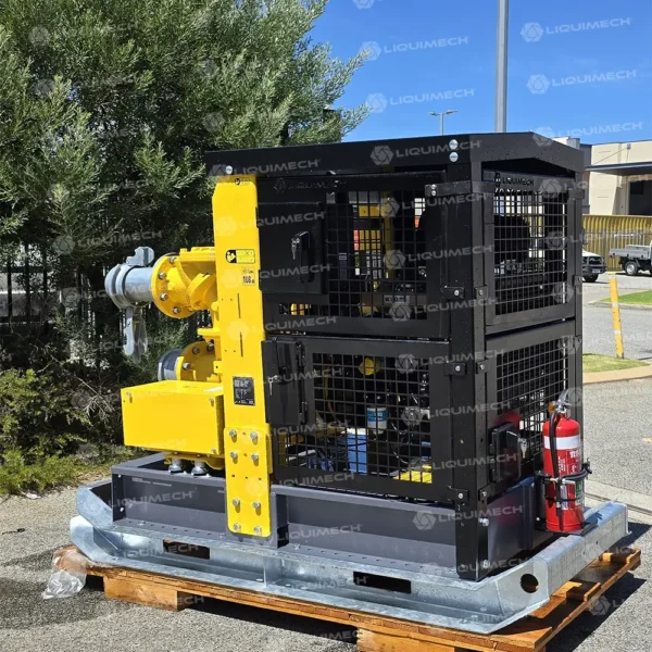 Liquimech portable pump and skid, mine-spec with anti-blast cover, control panel, and fire extinguisher.