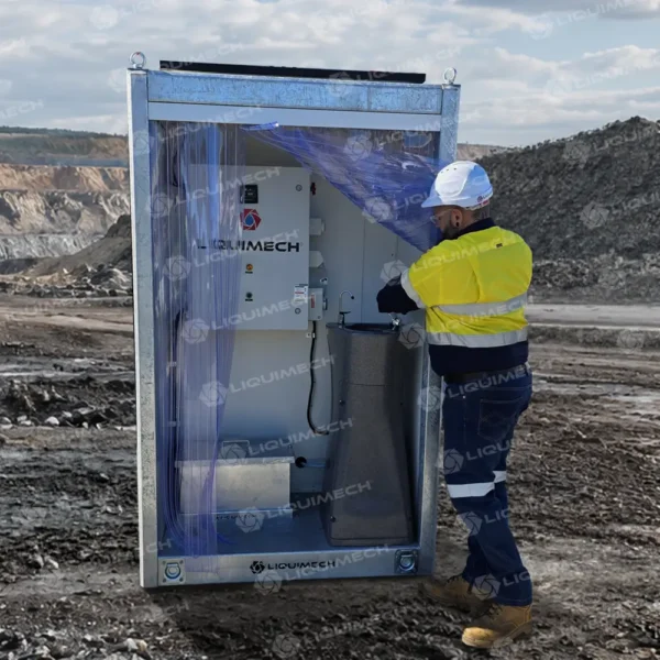 Liquimech portable workforce hydration station with insulated cabinet and water storage for demanding site environments.