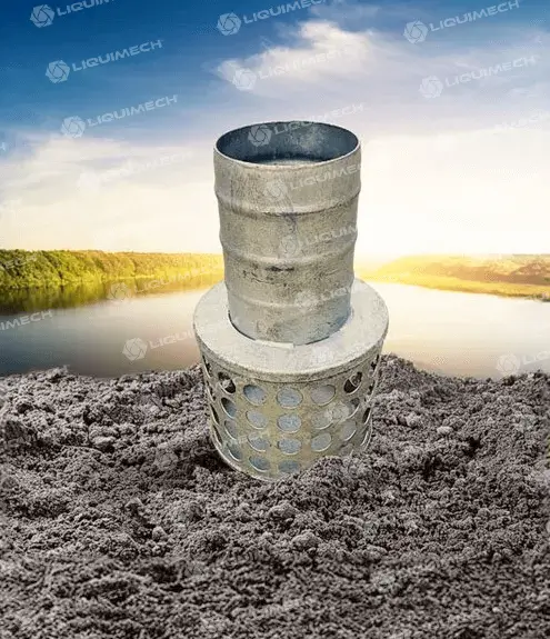 Liquimech pump strainer with hose tail for industrial and construction site use.
