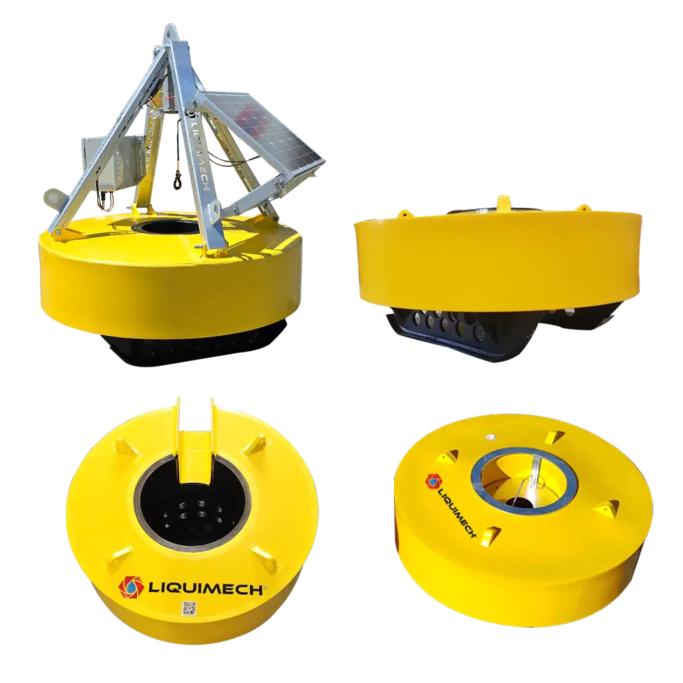 Liquimech round donut pontoon configurable options side discharge underslung pump lifting frame skid frame winch upgrade for submersible pump flotation.