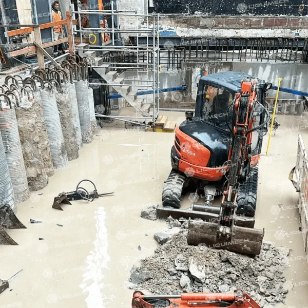 Liquimech sediment tank in operation at a construction site, managing sediment runoff and improving water discharge quality.