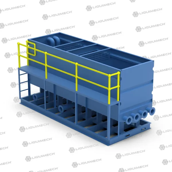 Liquimech sediment tank product 3D render displaying high-capacity internal baffling system.
