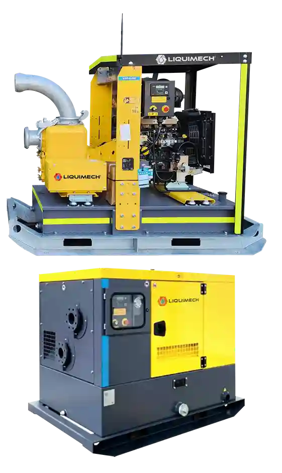 Liquimech self-priming centrifugal pump set for construction and mining, part of engineered pump solutions handling sand, sludge, and solids-laden water in demanding environments.