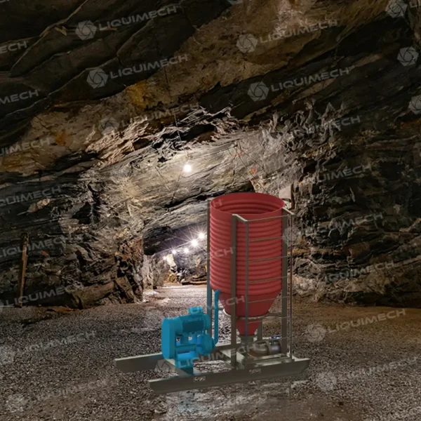 Liquimech single hopper system for underground mining with conical solids entrapment