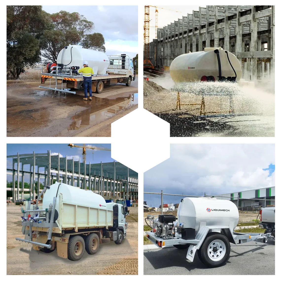Liquimech sliding water carts and trailers in action on-site for dust suppression, fire-fighting, irrigation, and bulk water delivery in Australia