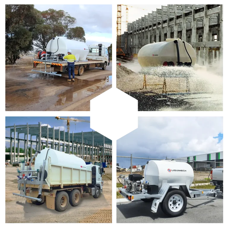 Liquimech sliding water carts and trailers in action on-site for dust suppression, fire-fighting, irrigation, and bulk water delivery in Australia