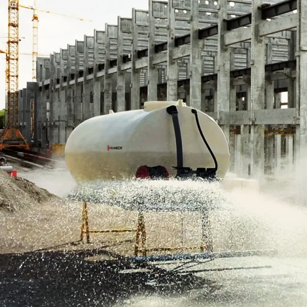 Liquimech slip on water cart liftable onto tray trucks for civil works, featuring ladder access and safety rails.