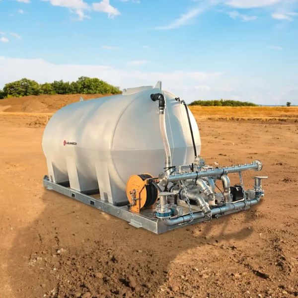 Liquimech slip on water cart liftable onto tray trucks, providing even water distribution for landscaping and civil works.