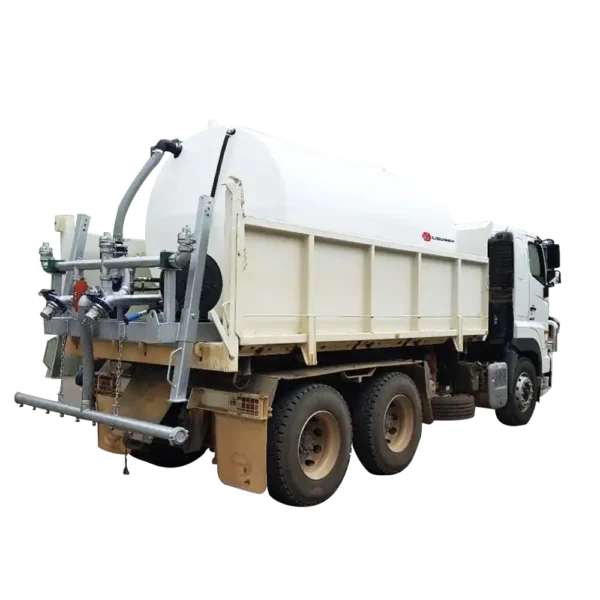 Liquimech slip on water carts mounted on tipper trucks, designed for lifting onto tray trucks with safe ladder access.