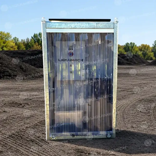 Liquimech solar-powered mobile water hydration station with integrated forklift access for remote operations.