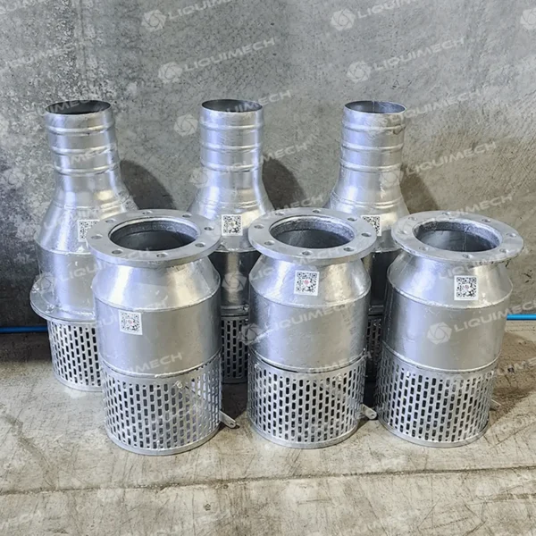 Liquimech stainless steel pump strainer preventing clogging and protecting pump components.