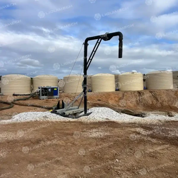 Liquimech standpipe pump package connected to poly round bulk water container and water pump