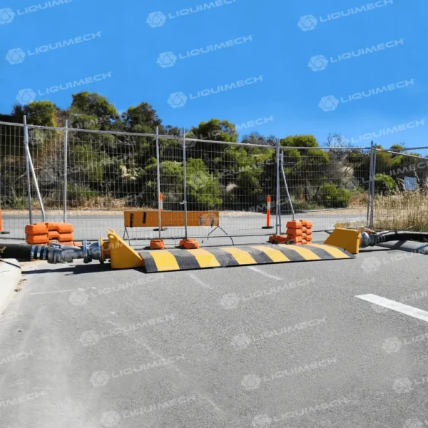 Liquimech traffic-rated road hose ramp hose assembly suitable for mining, emergency services, and roadworks.