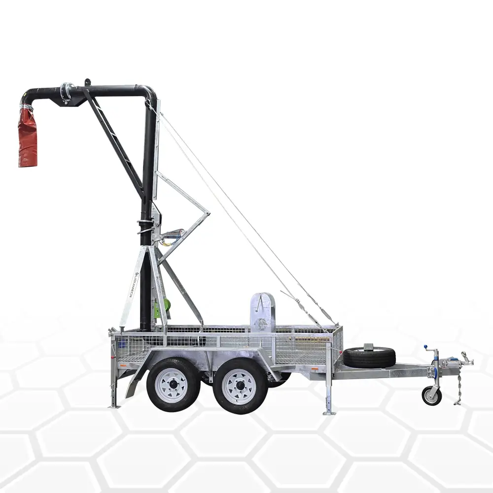 Liquimech trailed standpipe unit with HDPE J stand arm, tandem axle trailer, and winch-assisted lifting system built for quick deployment and high-clearance water filling in rugged worksites.