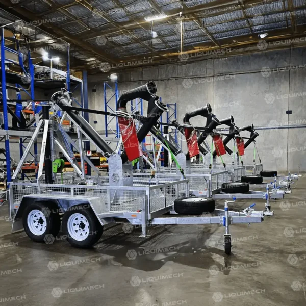 Liquimech-trailer-mounted-J-stand-water-fill-station-with-HDPE-boom-tandem-axle-chassis-and-onboard-hose-storage-for-mobile-site-use