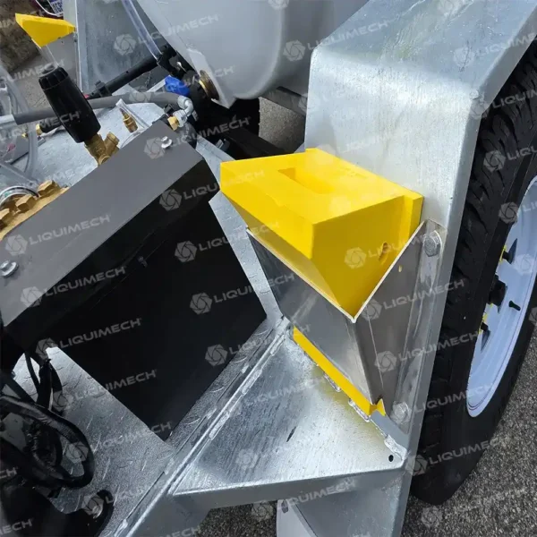 Liquimech trailer pressure washer with visible yellow safety components