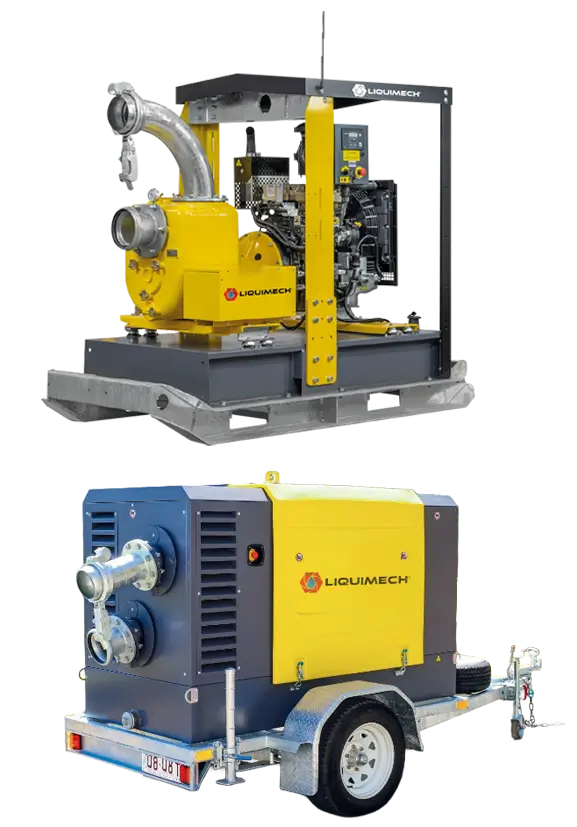 Liquimech vacuum prime centrifugal pump set for dewatering and mining, part of heavy duty pump solutions handling air, fluctuating water levels, and solids laden liquids in Australia.