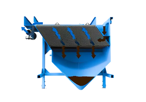 Process diagram showing how the Liquimech Lamella Clarifier separates contaminants like silt, metals, and floating oils from wastewater