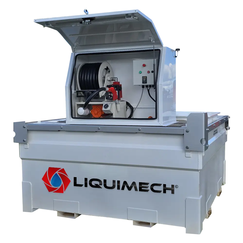 Mobile Liquimech self bunded fuel tank system with lockable pump and hose reel cabinet