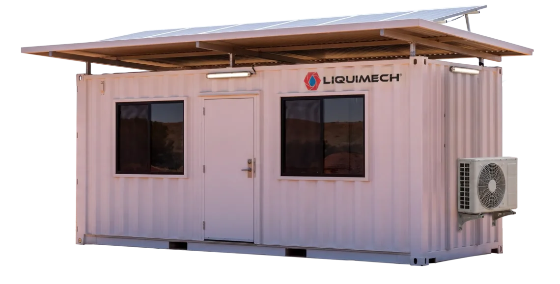 Off-grid containerised hydration and respite station with integrated drinking water, cooling and worker amenities for remote worksites.
