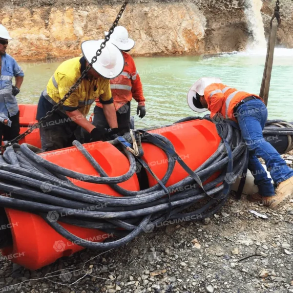 On-site installation of Liquimech pipefloats along a floating water pipeline.