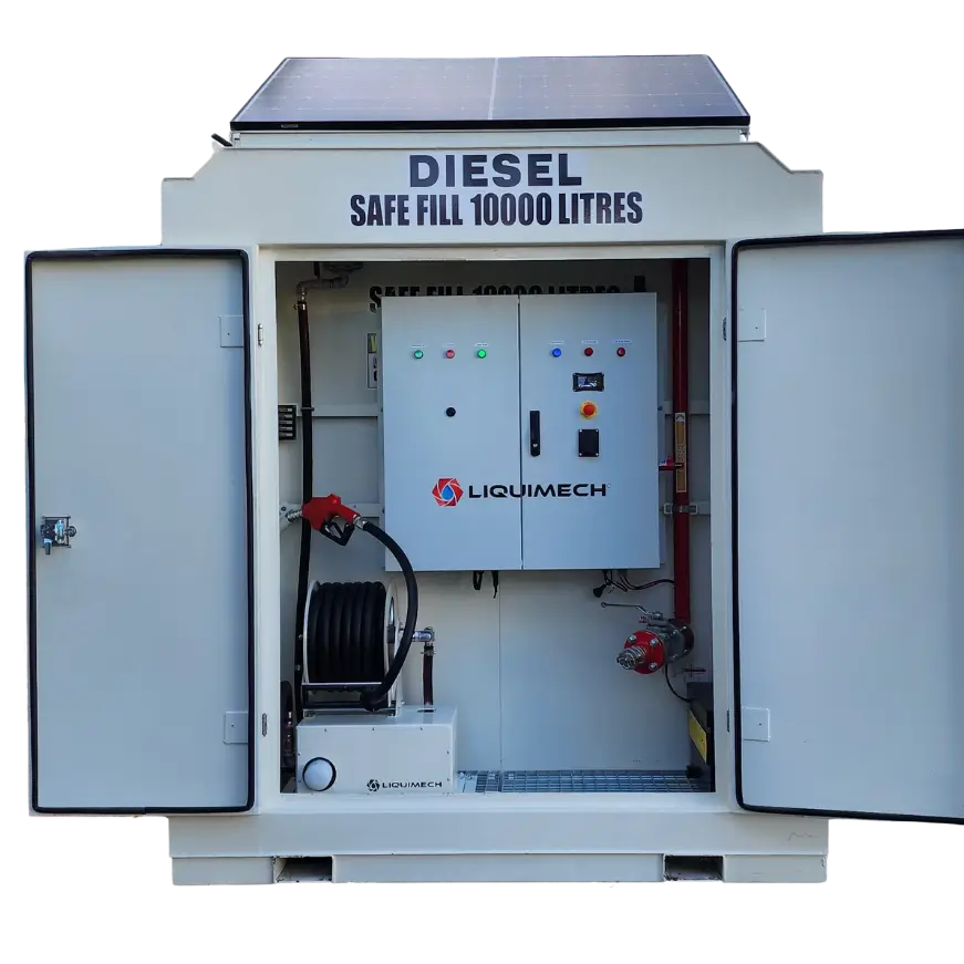 Portable Liquimech self bunded fuel tank with built-in pump and hose reel