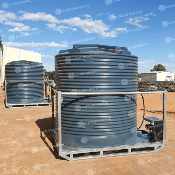 Portable Liquimech water storage tank with electric pump system for construction and mining applications