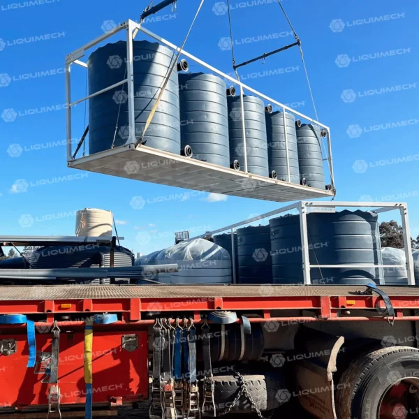 Portable bulk water storage tank with forklift pockets for easy site transport