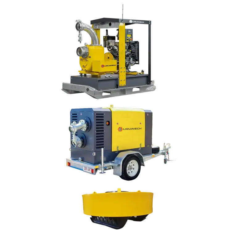 Pump skid, trailer-mounted pump, and HDPE pump float for mining and dewatering applications