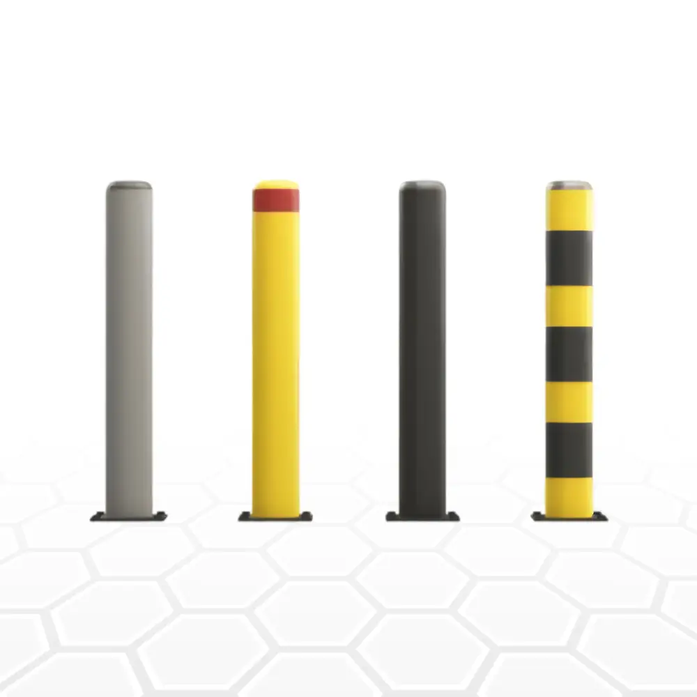Removable bollards with high-visibility stripes for temporary traffic management at a mining or construction site