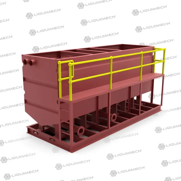 Rendered 3D model of Liquimech sediment tank used in water treatment and dewatering solutions.