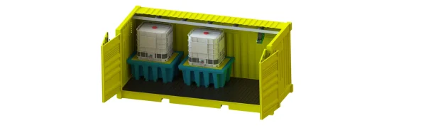Rendered drawing Polyethylene chemical storage container resistant to hazardous chemical reactions and outdoor environmental exposure.