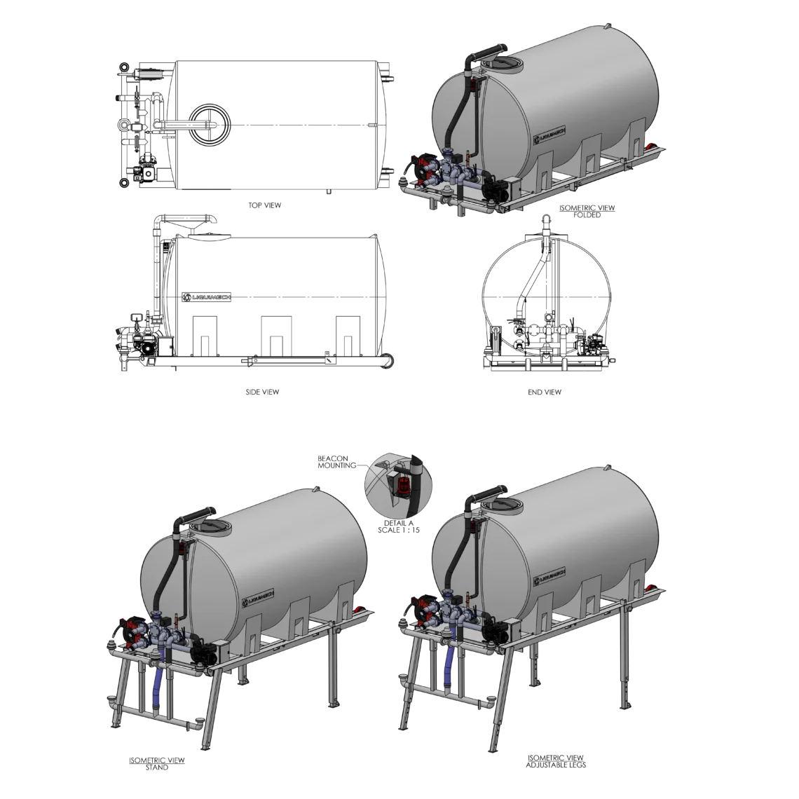 Rendered general arrangement of Liquimech slide in water tank with safety rails and mounting skid