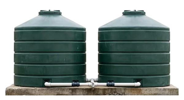 Round water tank on solid heavy platform difficult to relocate, suitable for permanent installation
