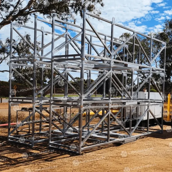 Site-ready Liquimech storage racks for organising hose and pipe systems safely.