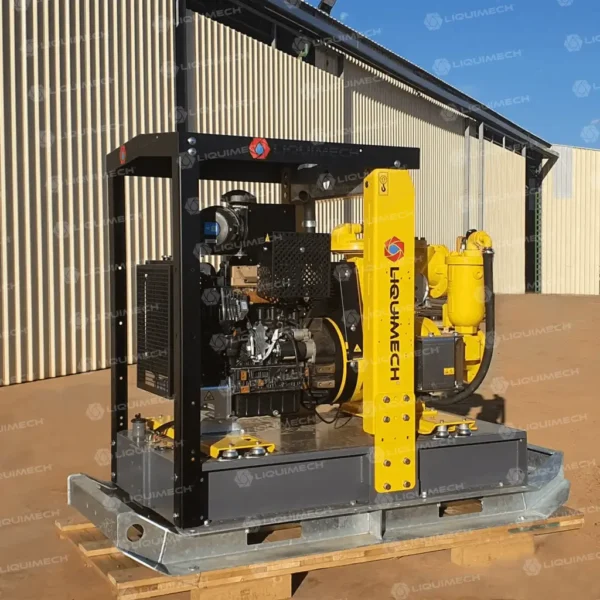 Skid-mounted Liquimech pump with built-in blast protection and emergency extinguisher for Galvanised Portable J Stand operations