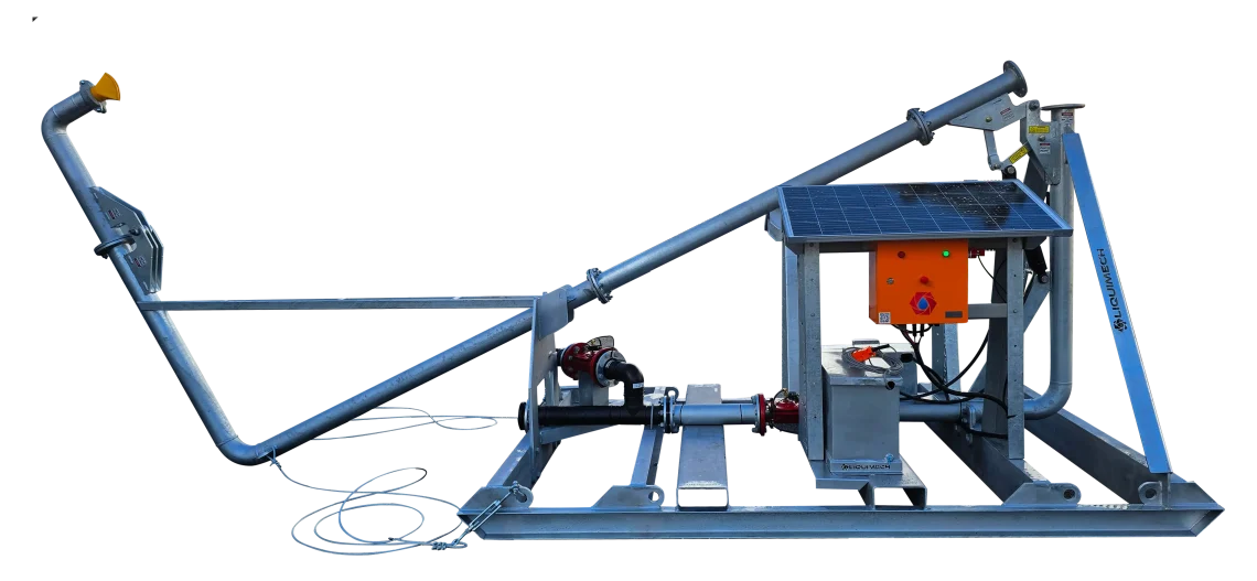 Skid-mounted overhead dust control system with HDPE pipework and directional spray nozzles for coal, ballast, and ore transport routes.