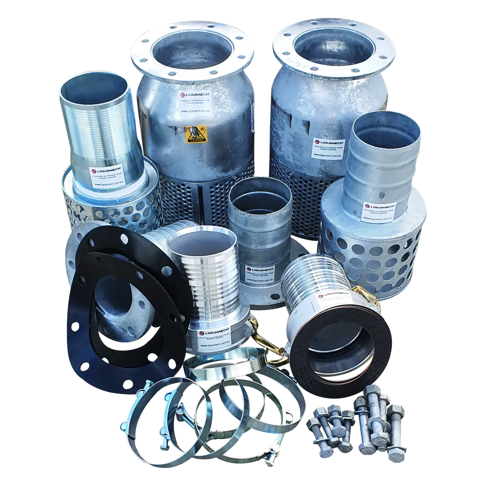 Suction line assembly showing hose tails, quick-release camlock fittings, and rubber gaskets for secure fluid transfer connections