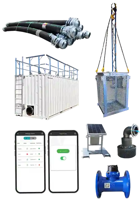 Suction pipe, filtration, and discharge pipework, water storage integration, and telemetry-enabled pump control for industrial pump solutions