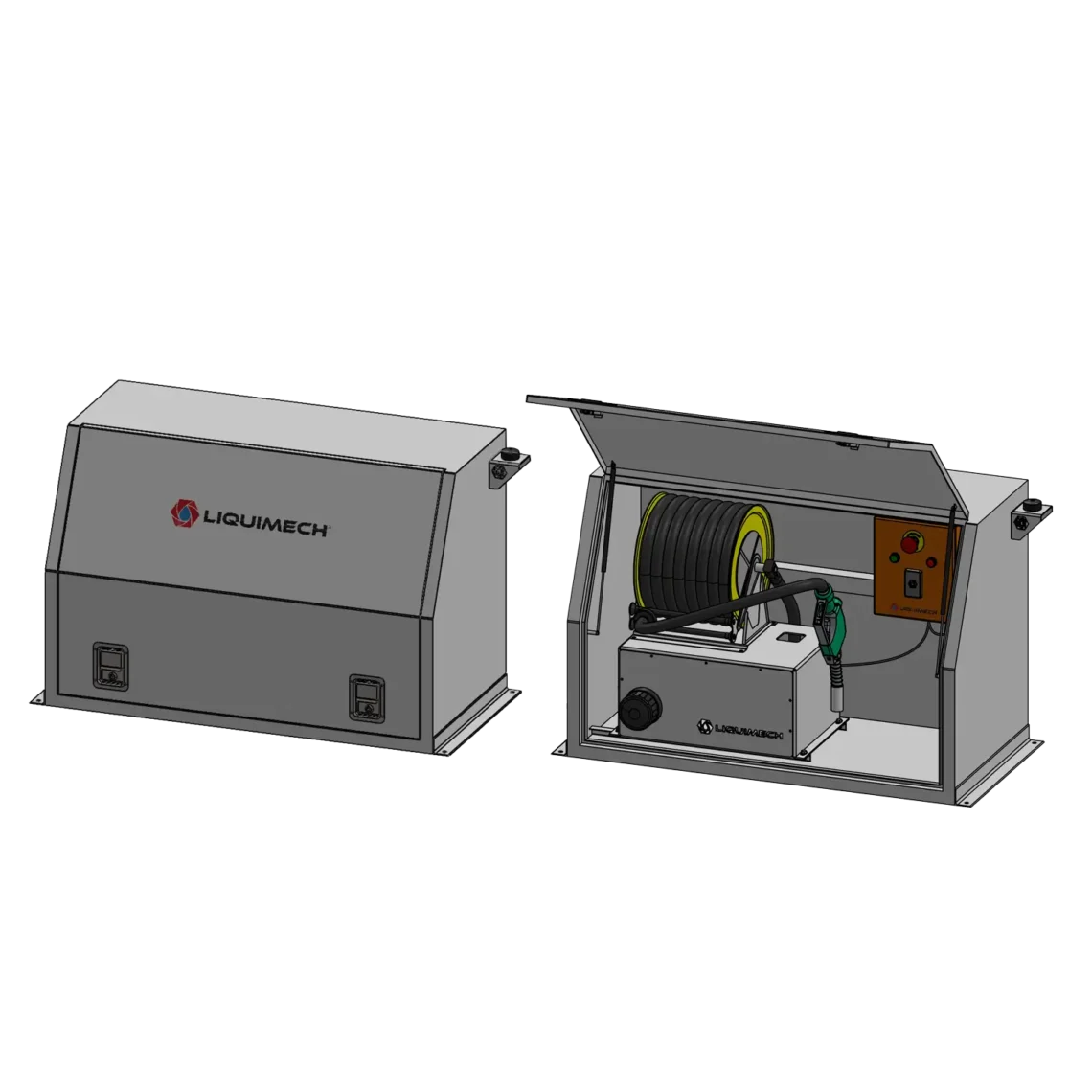 Technical drawing of Liquimech self bunded fuel tank with pump and hose reel system