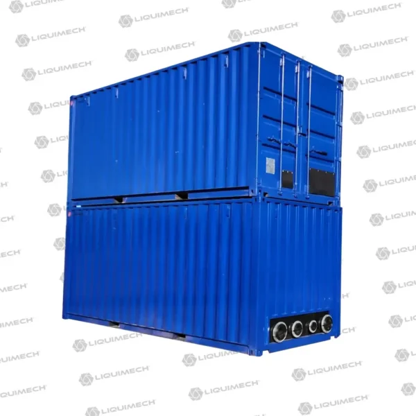 Two Liquimech bulk water storage tanks double-stacked, showcasing their space-saving design.