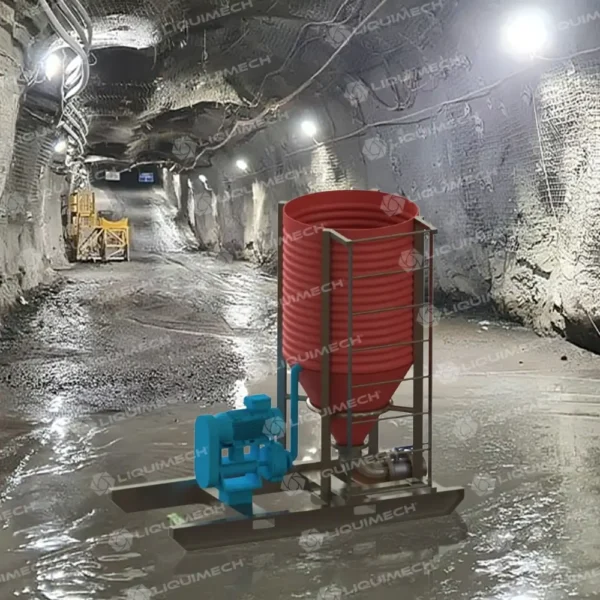 Underground mining Liquimech hopper tank skid with rated lift points and fork pockets