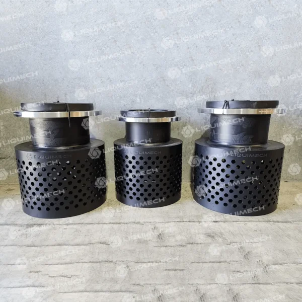 Variety of Liquimech HDPE (poly) pump strainers in different sizes for versatile pump protection solutions.