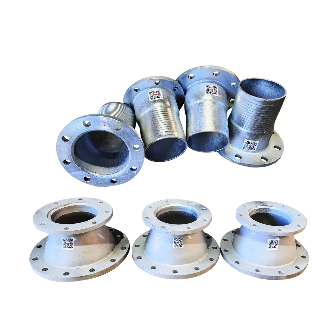 Variety of industrial flanges including hose tail flanges, weld neck flanges, slip-on flanges, blind flanges, and threaded flanges for versatile pipe connection solutions